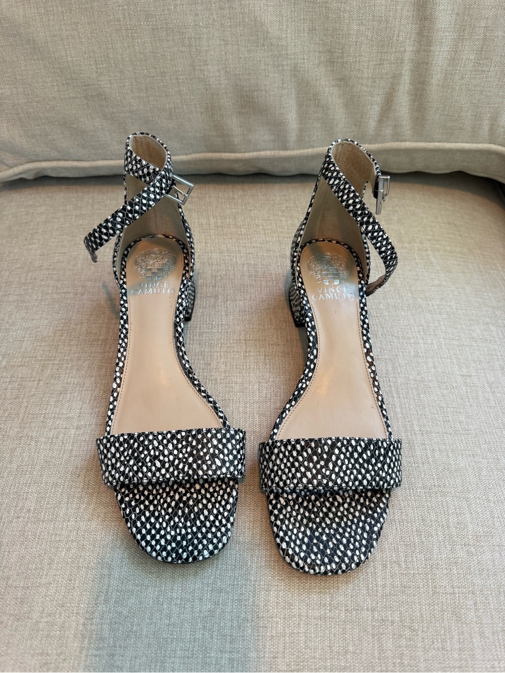 Vince Camuto Black and White Woven Ankle-Strap Heels